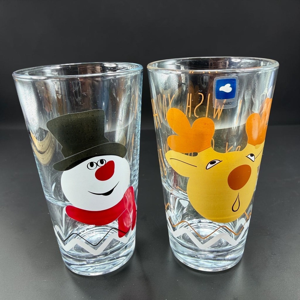 Leonardo Christmas Glasses Set of 2 Snowman Reindeer‎ Holiday Tumblers 5in Tall
